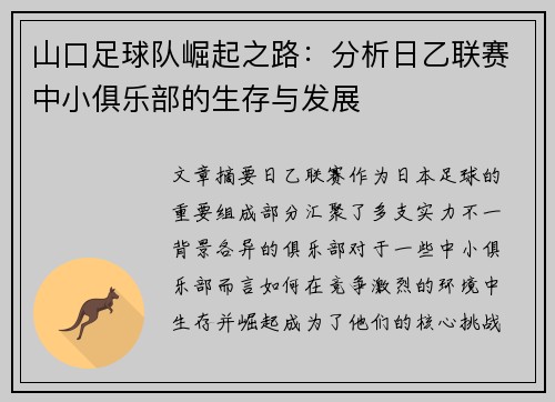 山口足球队崛起之路：分析日乙联赛中小俱乐部的生存与发展