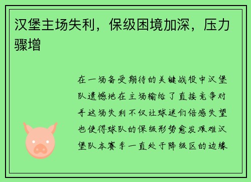 汉堡主场失利，保级困境加深，压力骤增