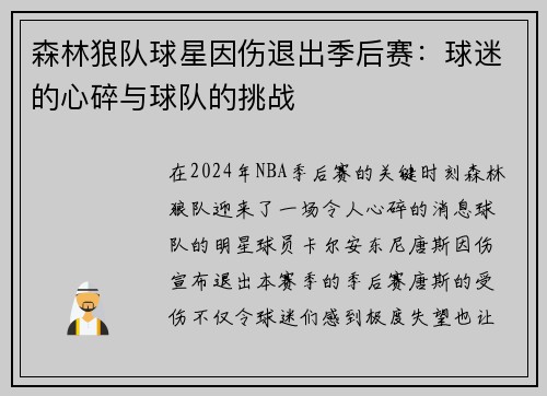 森林狼队球星因伤退出季后赛：球迷的心碎与球队的挑战